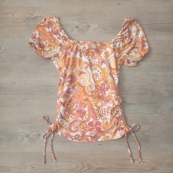 Y2K Funky Ruched Floral Micromesh Fairy Top - Picture 1 of 5